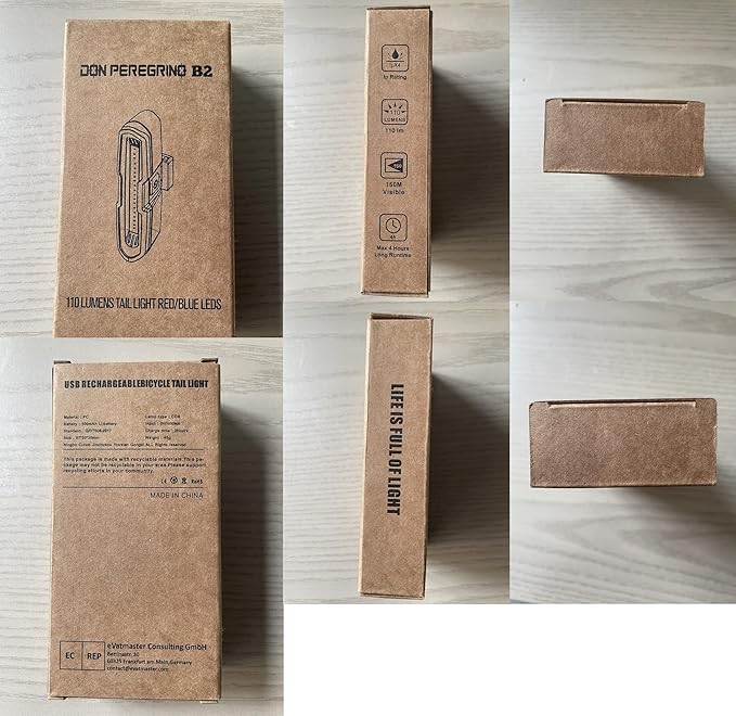 Bike Tail Light Powerful 110 Lumens - Bicycle Light 5 Modes Red/Blue, Waterproof IP64, Rechargeable USB-C, Quick Release Brackets for Saddle & Seatpost, DON PEREGRINO B2 Rear Bike Light