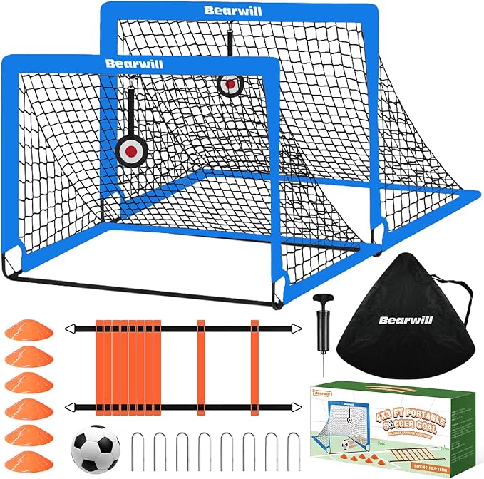 Soccer Goal, Kids Soccer Goals for Backyard Set of 2, 4x3ft Portable Soccer Goal Pop Up Soccer Net, Kids Soccer Net Training Equipment with Soccer Ball, Ladder, Cones, Targets