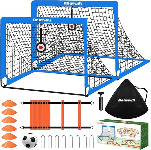 Soccer Goal, Kids Soccer Goals for Backyard Set of 2, 4x3ft Portable Soccer Goal Pop Up Soccer Net, Kids Soccer Net Training Equipment with Soccer Ball, Ladder, Cones, Targets