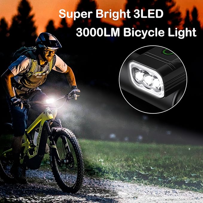 Bike Lights 6400 mAh USB C Rechargeable Bike Lights Set, Super Bright 3LED 3000LM Bicycle Light for Night Riding, Waterproof Bike Headlight and Tail Light Set Accessories for Road and MTB