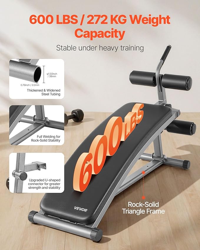 VEVOR Sit Up Bench, Decline Ab Bench with Reverse Crunch Handle, Adjustable Height Setting, Heavy Duty Steel, 500/600/1000 Lbs Capacity for Home Gym Workouts, Strength Training, Full Body Muscles