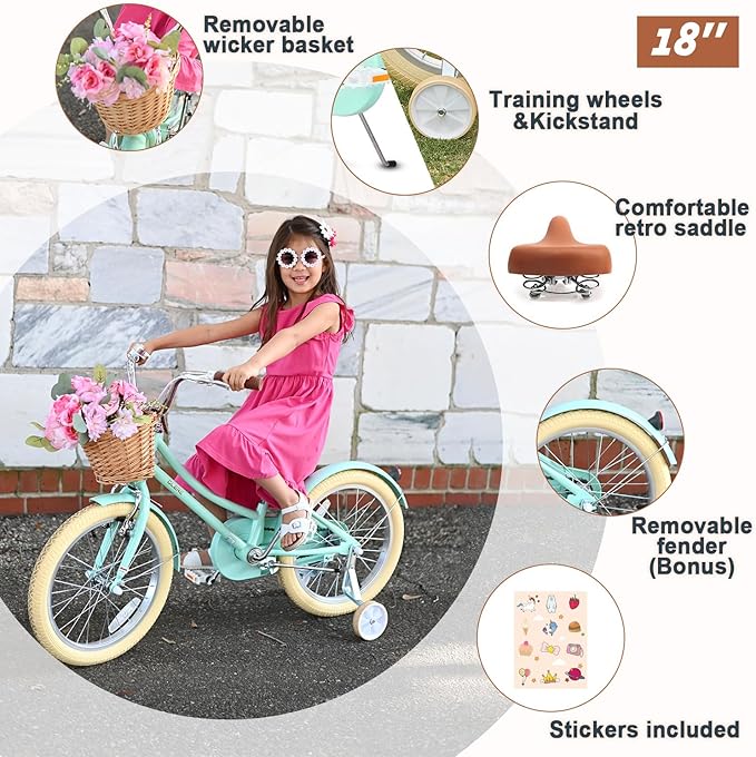 Glerc Little Molly 12-20 Inch Kids Retro Cruiser Bike for 2-13 Year Old with Wicker Basket & Training Wheels/Kickstand, Multiple Colors