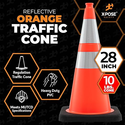 Xpose Safety 28 Inch Orange Traffic Cones Heavy Duty 10lb with 6" & 4" Collars, 4 Pack - Multipurpose PVC Plastic Safety Cone for Parking, Soccer, Caution, Kids and Construction - DOT Approved
