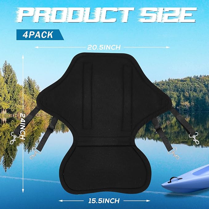 Lewtemi 4 Pack Padded Kayak Seat Fishing Boat Seat with Back Support and Storage Bag Detachable Paddle Board Seat Canoe Seat with Adjustable Back Strap for Summer Sup Canoe Universal Sit, Black