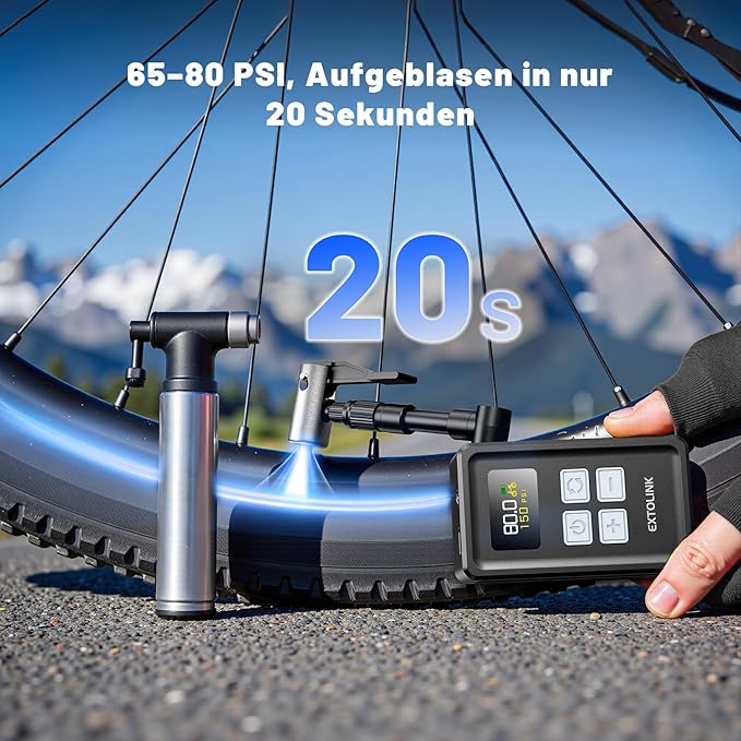 Mini Bike Tire Pump - 20s Fast Inflate Electric Bike Pump with Gauge, Max 150PSI Electric Air Pump with Presta & Schrader Valve for Road Bike, Mountain Bike, Electric Bike