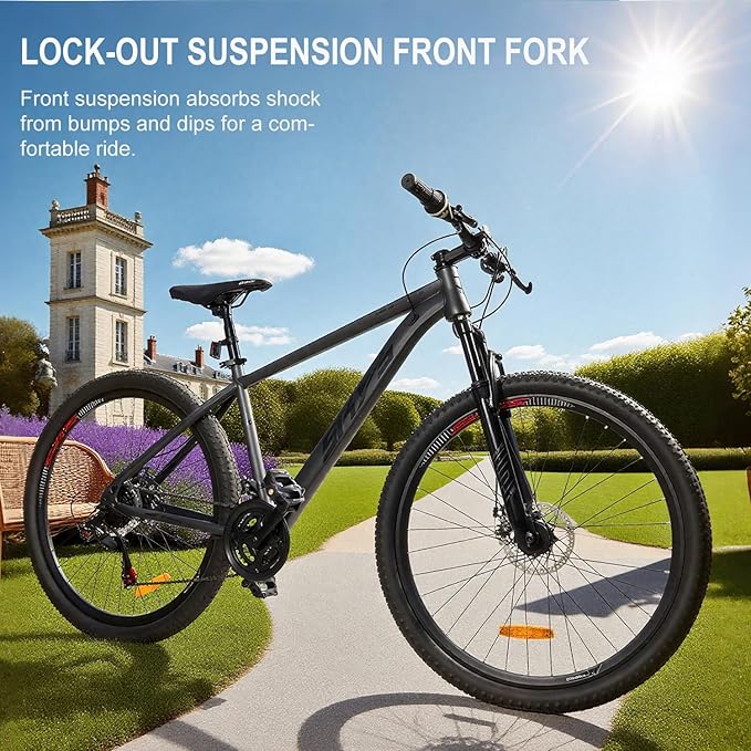 Men’s 27.5 Inch Mountain Bike, Adult Bike with 21-Speed Twist Shifters, Dual Disc Brakes, Front Suspension Hardtail, Easy Assembly