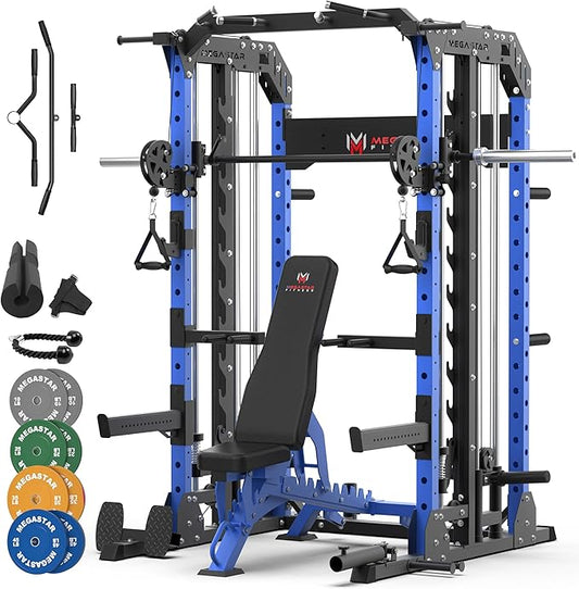 Smith Machine Home Gym with Aluminum Pulley Set- 2000lbs Capacity All-in-One Power Rack with Cable Crossover, Pull-Up Bar & Dip Station, Includes 18 Attachments, P107 Anvil