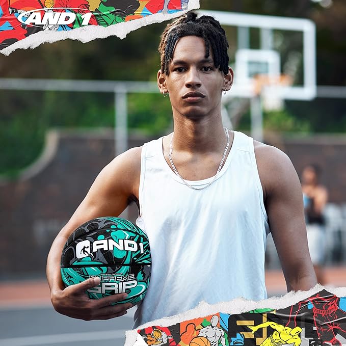 AND1 Supreme Grip Official Regulation Size 7 (29.5 inches) Rubber Basketball - Deep Channel Construction Streetball, Made for Indoor Outdoor Games