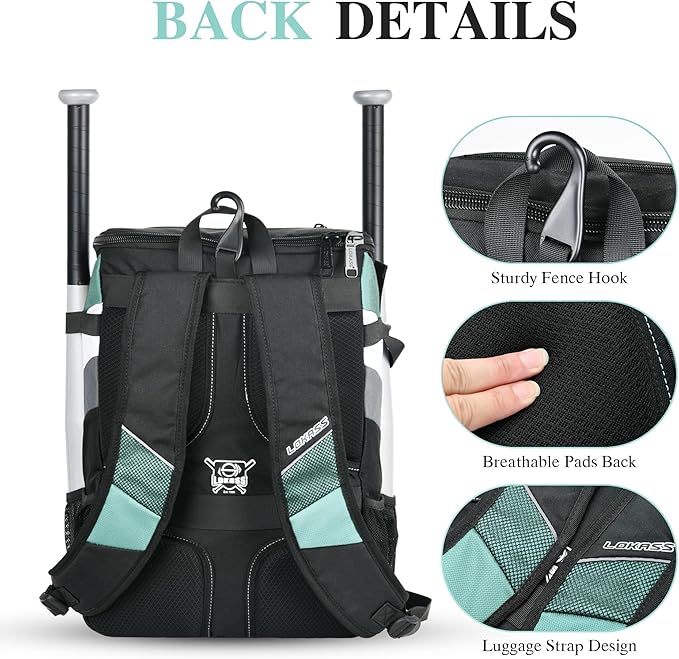 Baseball Backpack for Adult and Youth, Large Capacity Lightweight Softball Bag With Shoe Compartment and Fence Hook for TBall Bat & Equipment, Waterproof for Helmet, Gloves