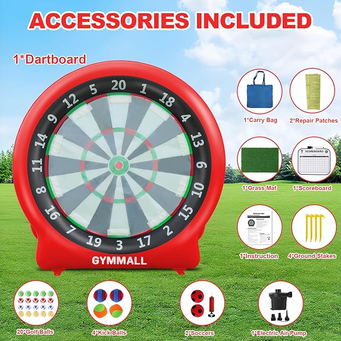 Giant Dart Board Inflatable with Pump, Outdoor and Indoor Soccer Sport Kick Dartboard for Kids and Adults, Waterproof Darts Board Yard Game with 20 Golf Balls, 4 Sticky Balls, 2 Soccers