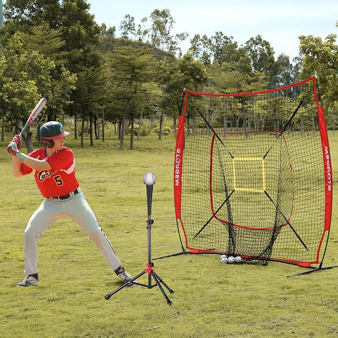 Storgem Baseball and Softball Practice Net 7×7ft Portable Hitting Pitching Batting Training Net Baseball Backstop Net with Batting Tee and Strike Zone and Bow Frame
