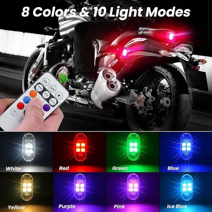 8PCS Wireless LED Strobe Lights with Remote Control, RGB 8 Colors Multifunction, USB Charging Waterproof Anti-Collision Tail Warning Mini Light for Car Motorcycle Trucks Bike Drone Aircraft (8)