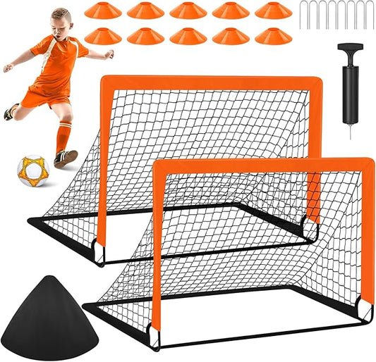 Soccer Goals for Backyard Set, 2 of 4×3 ft Orange Portable Soccer Goal Training Equipment for Games and Training for Backyard for Teens, Comes with Inflator, Soccer Ball, Football Cone