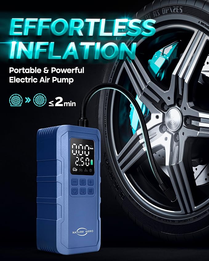 Tire Inflator Portable Air Compressor,150 PSI car tire air pump portable with Digital LCD Pressure Gauge,Electric Air Pump for Motorcycle Tires,Bicycle Tires and Balls,Blue