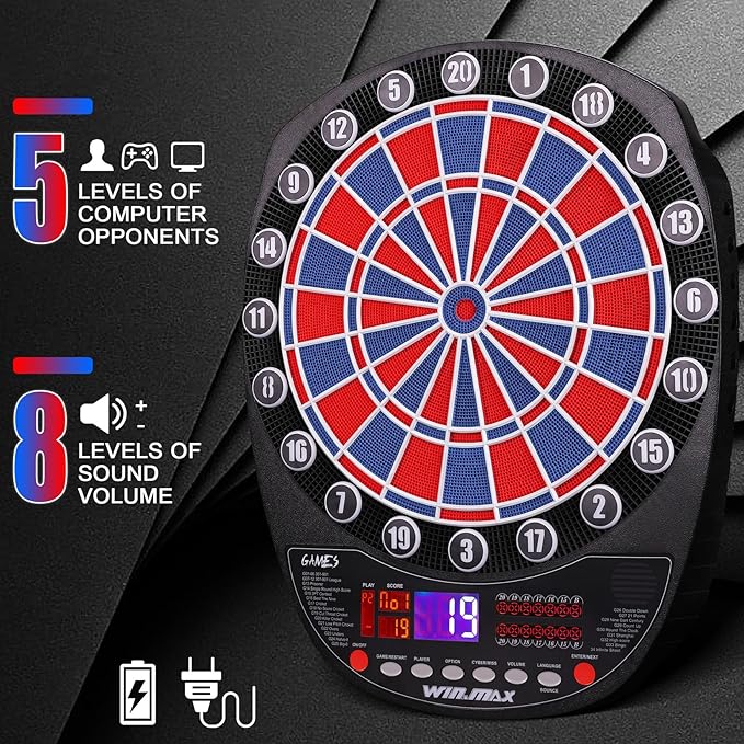 WIN.MAX Electronic Dart Board Soft Tip Dartboard Set LED Displays 3 Languages with 12 Darts 100 Tips Power Adapter