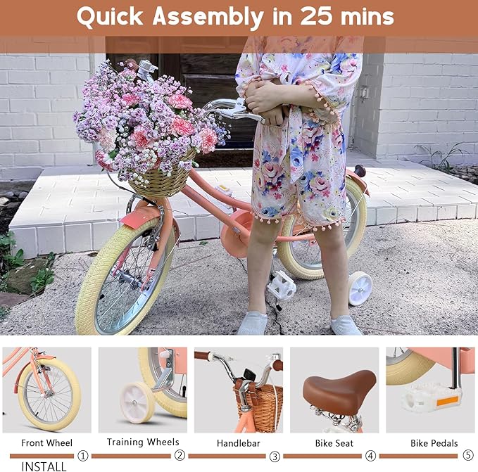 Glerc Little Molly 12-20 Inch Kids Retro Cruiser Bike for 2-13 Year Old with Wicker Basket & Training Wheels/Kickstand, Multiple Colors
