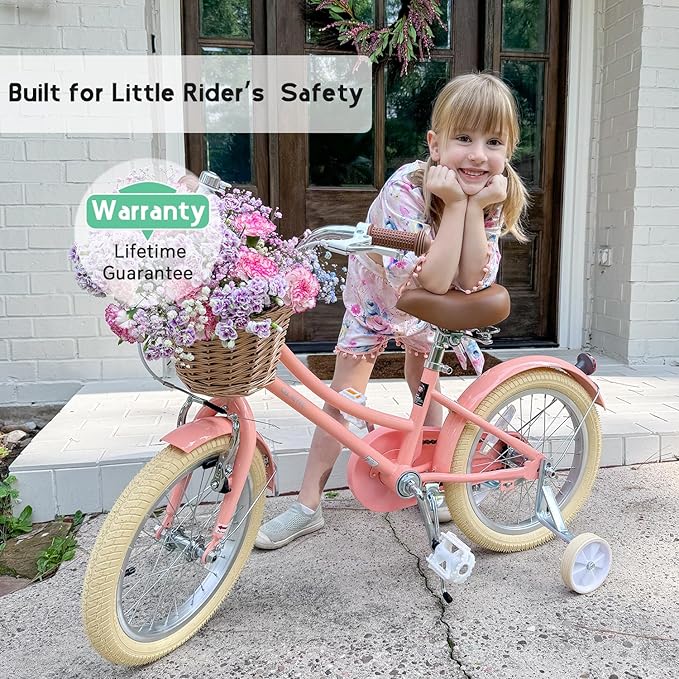 Glerc Little Molly 12-20 Inch Kids Retro Cruiser Bike for 2-13 Year Old with Wicker Basket & Training Wheels/Kickstand, Multiple Colors