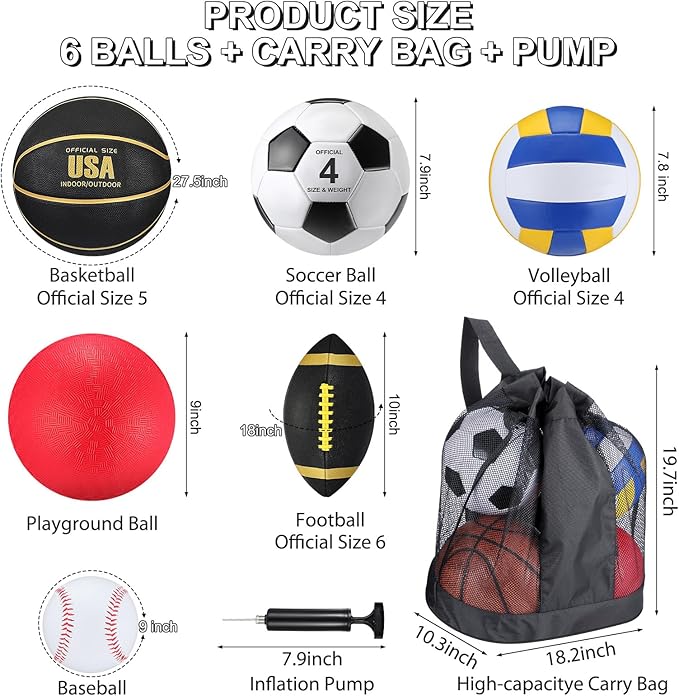 Realspring 6 Pcs Multi Sport Ball Set for Kid Teen Operation Christmas Official Size Football, Basketball, Soccer, Volleyball, Playground Ball, Baseball with Sports Equipment Bag Pump