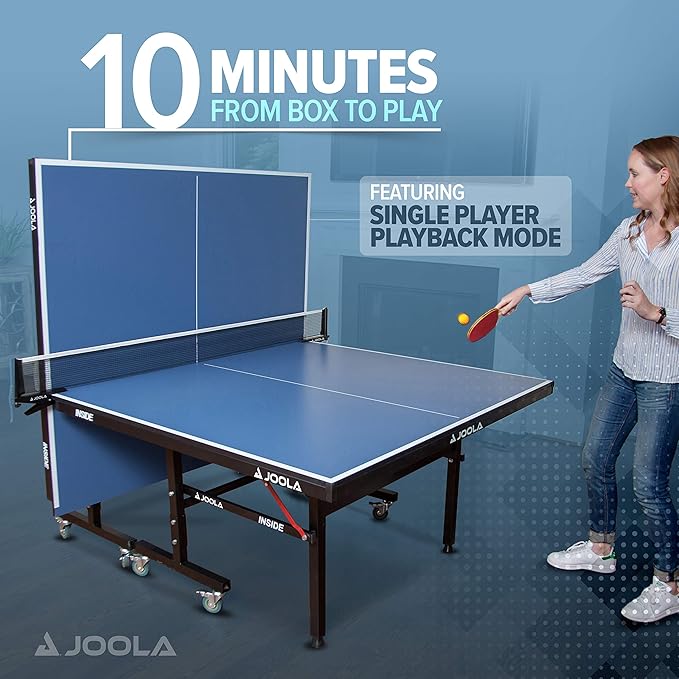 JOOLA Inside Professional MDF Indoor Ping Pong Table with Quick Clamp Table Tennis Net and Post Set - 10 Minute Easy Assembly - Tournament Quality - Foldable with Single Player Playback Mode