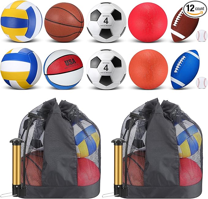 Deekin 12 Pcs Assorted Sport Ball Set Official Size Basketball, Football, Volleyball, Soccer, Baseball, Playground Ball with Bag and Pump Gift for Kid Youth Adult Back to School