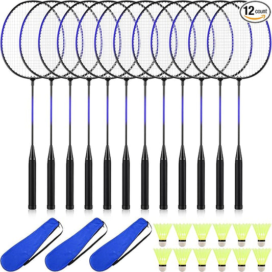 12 Pack Badminton Rackets Set Including Rackets, Nylon Shuttlecocks and Carry Bag for Outdoor Backyard Games Beginners