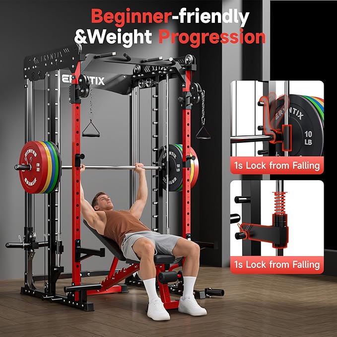 Smith Machine Power Rack | All-in-One Power Cage with Adjustable J-Hooks, Squat Rack for Home Gym, Cable Machine & Pull-Up Bar | Home and Garage Gym Equipment for Strength Training