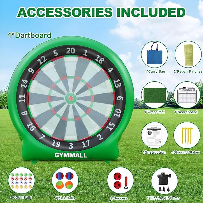 Giant Dart Board Inflatable with Pump, Outdoor and Indoor Soccer Sport Kick Dartboard for Kids and Adults, Waterproof Darts Board Yard Game with 20 Golf Balls, 4 Sticky Balls, 2 Soccers