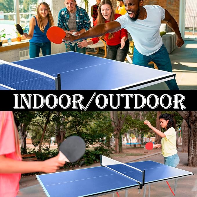 Ping Pong Table Foldable Table Tennis Table with Net, Table Tennis Paddles and Balls, 4.5FT/6FT/9FT MDF Multi-Use Family Game Table for Kid Teenager Adult, Compact & Portable