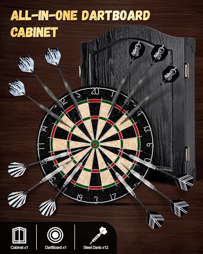 Sisal Dart Board Cabinet Sets, Decorative Dart Boards for Adults [12*Steel Darts] - Wooden Dartboard Cabinet with Integrated Scoreboard for Family Game Rooms