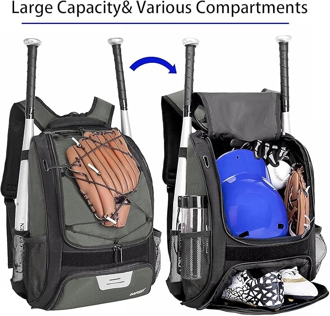Baseball Bag Softball Backpack - Youth Adult T Ball Bat Equipment Bag with Bat Helmet Holders, Shoe Compartment