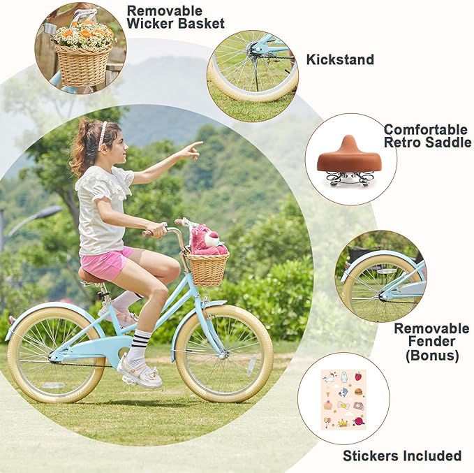 Glerc Little Molly 12-20 Inch Kids Retro Cruiser Bike for 2-13 Year Old with Wicker Basket & Training Wheels/Kickstand, Multiple Colors