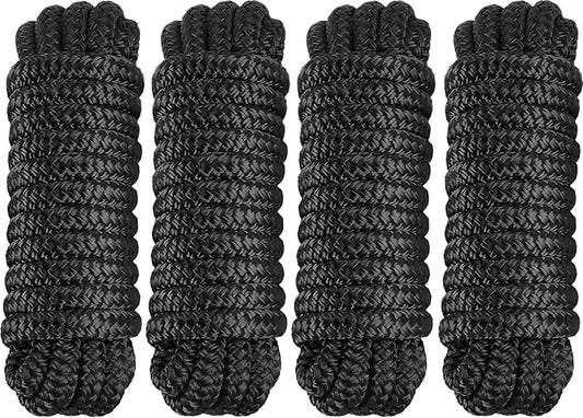 4 Pack Dock Lines 3/8" x 15' - Marine Grade Nylon Boat Ropes with 12" Eyelet for Docking and Mooring - Double Braided Boat Lines, High Strength, Easy Handling, Fray Resistant - Black