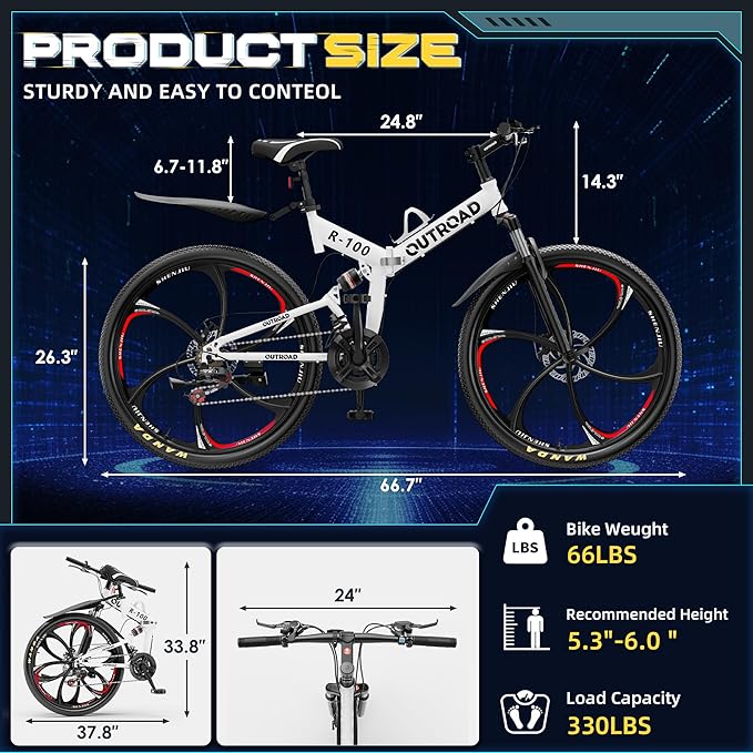 26 Inch Folding Mountain Bike with High Carbon Steel, 21 Speed City Bike with Dual Suspension, Folding Bicycle for Adults Men and Women