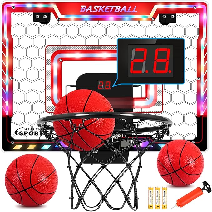 AOKESI Basketball Hoop Indoor for Kids,Portable Mini Basketball with Light,Electronic Scoreboard Over The Door Sport Basketball Toys Christmas Birthday Gift for 3-12 Year Old Boys Girls Adults
