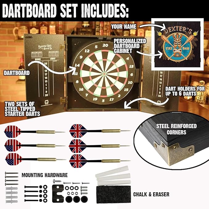 THOUSAND OAKS BARREL CO. | Personalized Dartboard & Cabinet Set with 6 Steel Tip Darts