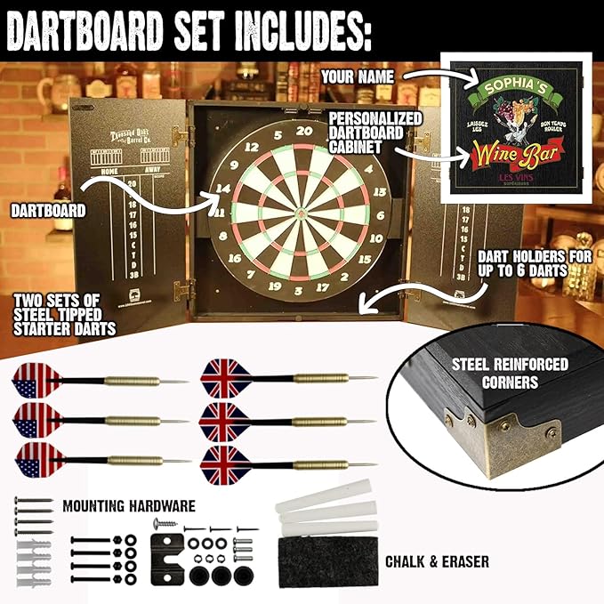 THOUSAND OAKS BARREL CO. | Personalized Dartboard & Cabinet Set with 6 Steel Tip Darts