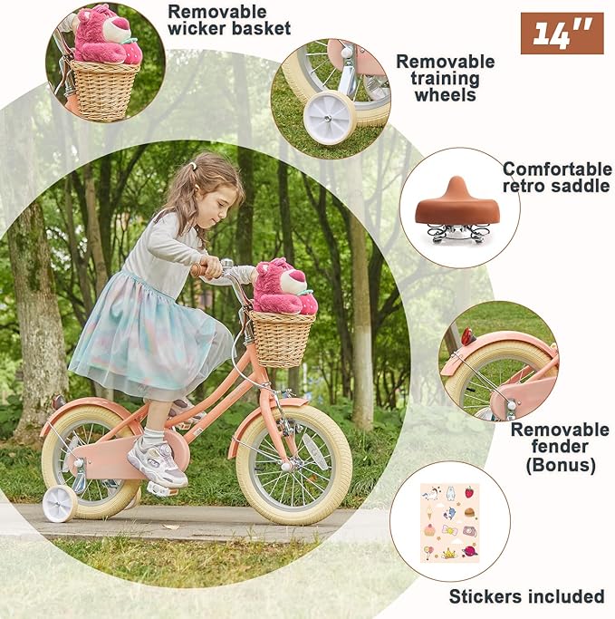 Glerc Little Molly 12-20 Inch Kids Retro Cruiser Bike for 2-13 Year Old with Wicker Basket & Training Wheels/Kickstand, Multiple Colors