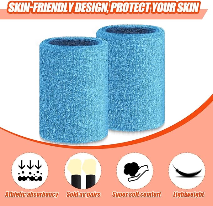 Wettarn 6 Pcs 4 Inch Wrist Sweatbands Tennis & Gymnastics Wristbands for Grips & Sport Cotton Elastic Thick Wrist Bands for Tennis & Football