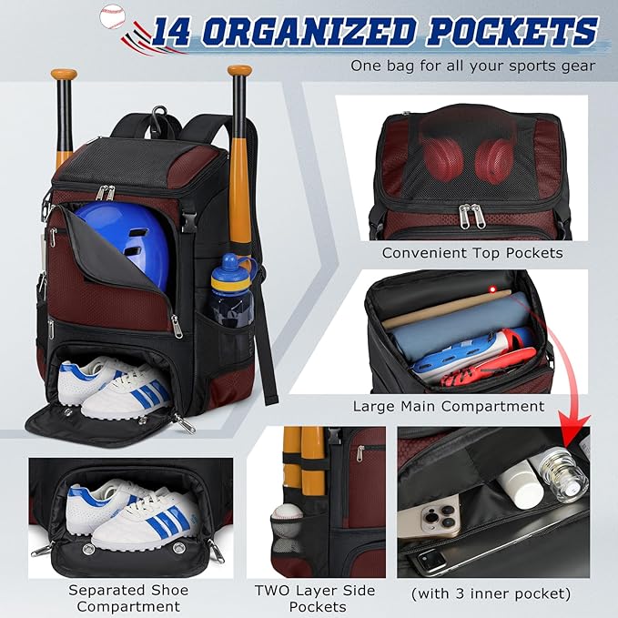 RAINSMORE Baseball Backpack, Lightweight Softball Bag with Shoe Compartment Baseball Bag for Youth & Adult Softball Bat Bag with Fence Hook Helmet Holder Sports Backpack for T-Ball
