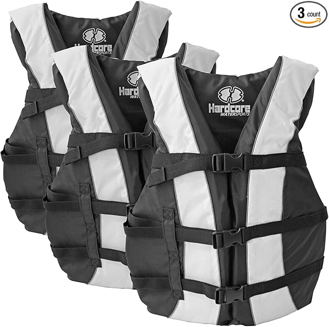 Hardcore Life Jacket 3 Pack Paddle Vest for Adults; Coast Guard Approved Type III PFD Life Vest Flotation Device; Jet ski, Wakeboard, Kayak; Ideal Extra Pontoon Boat Life Jacket