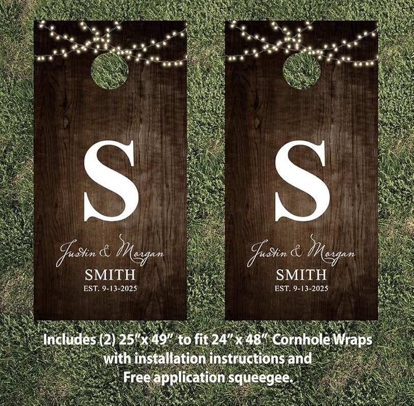 Wedding/Couples Cornhole Wraps #828 - Lights/Wood Couples Cornhole Wraps - Cornhole Graphic Decals - Includes Application Squeegee - Set of (2) 25" x 49" Wraps with Gloss Laminate