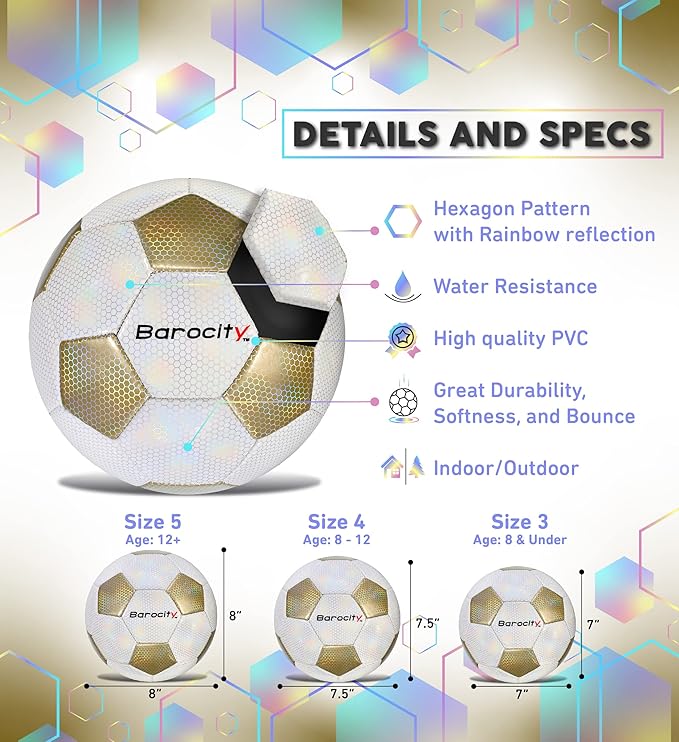 Soccer Ball - Premium Boy and Girl Official Match Ball with Cool Reflective Iridescent Rainbow Hex Pattern, Durable, Indoor, Outdoor, Training, Practice, Playtime and Games