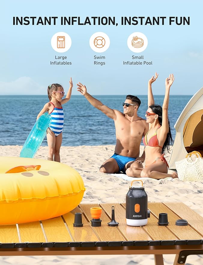 AstroAI Mini Air Pump for Inflatables with 3000mAh Battery Air Mattress Pump with Camping Lantern Electric Air Pump with 5 Nozzles Inflate & Deflate Air Mattress, Vacuum Storage Bags