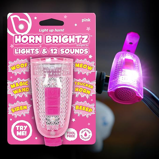 Brightz HornBrightz Light Up LED Bike Horn Light - 12 Unique Sound Effects - Bike Bell, Ring, Police Siren, Fire Engine, Trucker Horn, Backup Beep, Motorcycle, Magic Wand, Cat, Dog, Cow, Horse