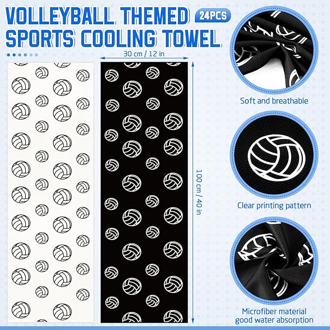 24 Pcs Sports Cooling Towels Baseball Basketball Softball 40 x 12 Inch Breathable Soccer Football Volleyball Microfiber Ice Towel Fast Drying for Sport Party Favors Team Gift(Black,Volleyball)