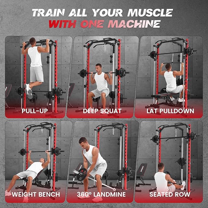 Smith Machine with LAT-Pull Down, Multi-Functional Smith Machine, Power Cage with Cable Crossover, Squat Rack with Landmine, Barbell Bar, Plate Storage Pegs and More Training Attachment