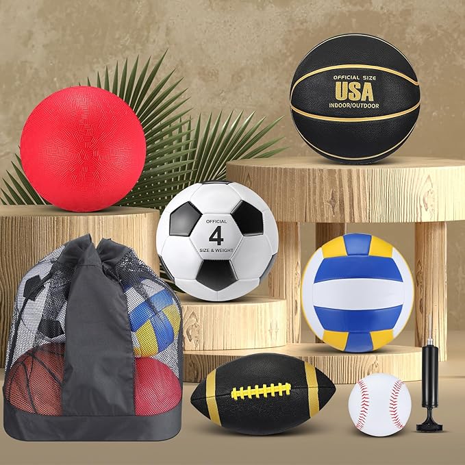 Realspring 6 Pcs Multi Sport Ball Set for Kid Teen Operation Christmas Official Size Football, Basketball, Soccer, Volleyball, Playground Ball, Baseball with Sports Equipment Bag Pump