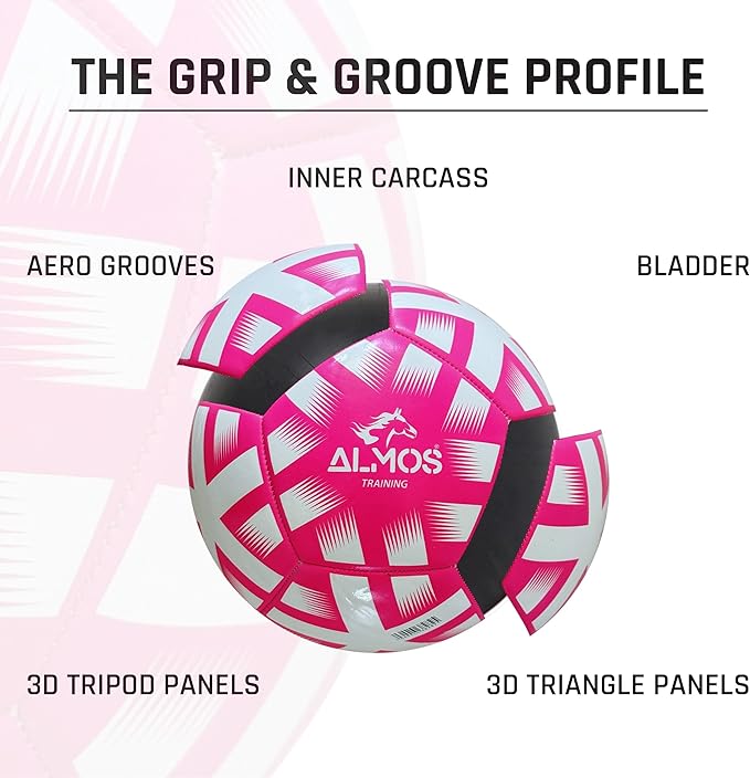 Almos Training Soccer Ball – for Club Match, Training, Match Performance, Indoor & Outdoor Soccer, Suitable for Grass & Astro | PVC Soccer Ball | Size 4 & Size 5 for Adult Soccer Players, Pink |