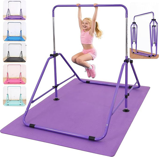MARFULA Foldable Gymnastic Bar for Kids Ages 3-9, 9 Height Levels, 200 lbs Weight Capacity, 5 Ft Length Gymnastic Kip Bar with Mat, Gymnastic Equipment for Home and Gym Center Indoor Outdoor Use