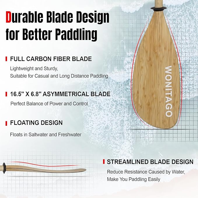 Full Carbon Fiber Kayak Paddle with Large Paddle Blade, 2-Piece, Floating Adjustable Kayak Paddles with Paddle Bag, 215-225 cm/85-89 Inches